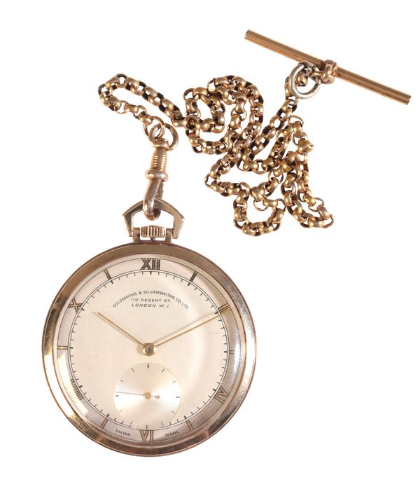 GOLDSMITHS & SILVERSMITHS CO., LONDON: A GENTLEMAN'S 9CT GOLD OPEN FACE POCKET WATCH