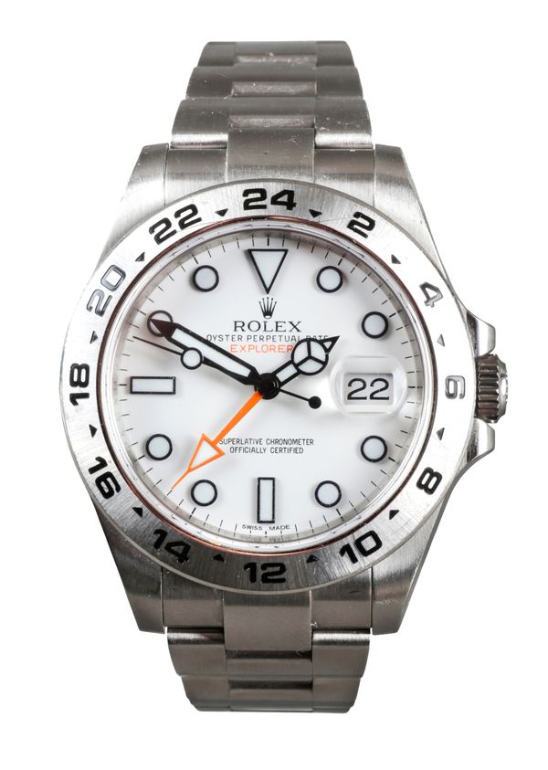 ROLEX EXPLORER II: A RARE STAINLESS STEEL BRACELET WRISTWATCH