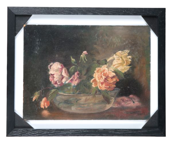 20TH CENTURY SCHOOL Still life of roses in blue and white bowl