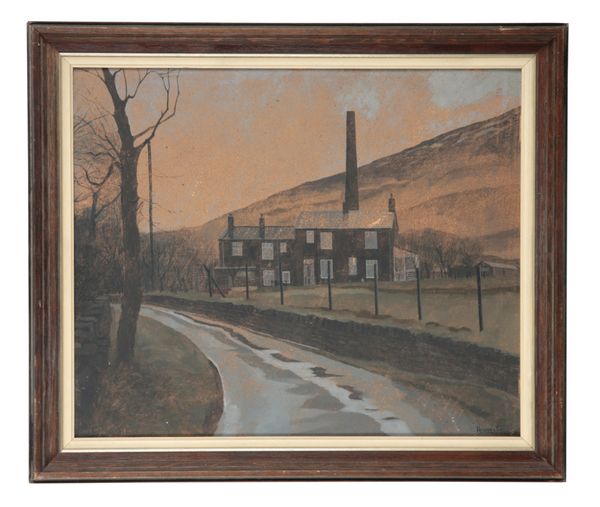 RUSSELL HOWARTH (1927-2020) Two houses before industrial chimney