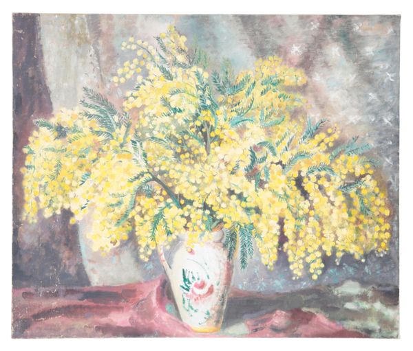 ENGLISH SCHOOL, 20TH CENTURY Still life of mimosa in ceramic jug