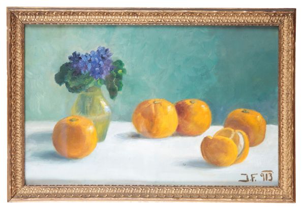 JULIA FLUSS (20TH CENTURY) Still life of oranges and violets