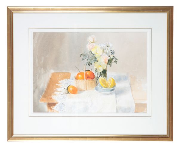 *PAMELA KAY (b. 1939) 'Shaker Basket of Clementines, Cut Lemons & Pansies’