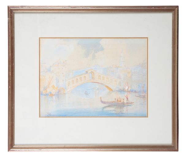 A VENETIAN SCENE OF THE RIALTO BRIDGE WITH GONDOLAS