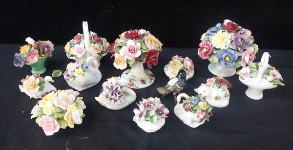 A HAND-PAINTED BONE CHINA FLOWER BASKET BY AYNSLEY