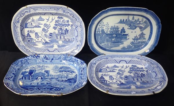 FOUR 19th CENTURY BLUE AND WHITE POTTERY MEAT PLATES