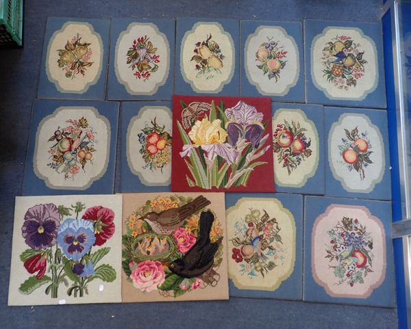 TWELVE FRUIT AND FLORAL 20th CENTURY NEEDLEWORK PANELS