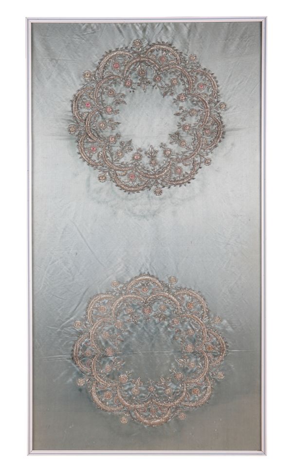 A SILK AND SILVER THREAD EMBROIDERED PANEL