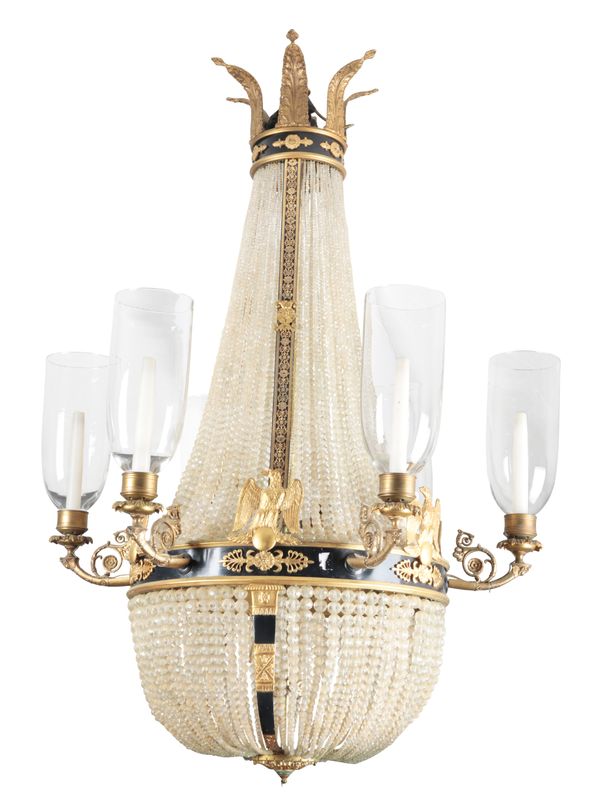 A NEOCLASSICAL EBONISED AND GILT METAL CHANDELIER