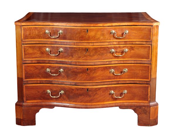 A GEORGE III MAHOGANY AND SATINWOOD SERPENTINE CHEST OF DRAWERS