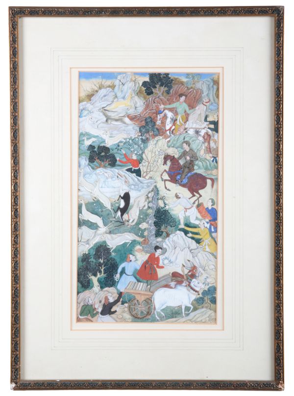 INDIAN SCHOOL A Mughal-style study of Akbar hunting in a landscape