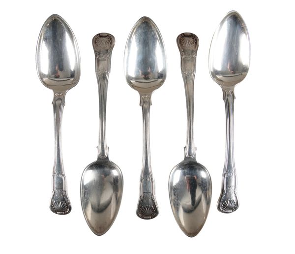 FIVE GEORGE III SILVER HOURGLASS PATTERN DESSERT SPOONS