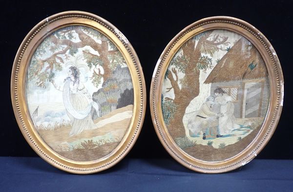 TWO PAINTED AND EMBROIDERED SILK OVAL PANELS