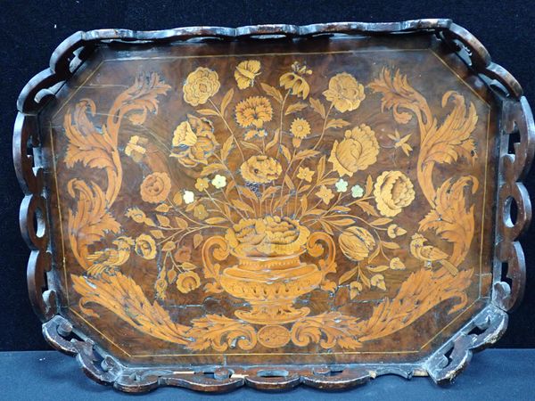 A DUTCH FLORAL MARQUETRY OCTAGONAL TRAY