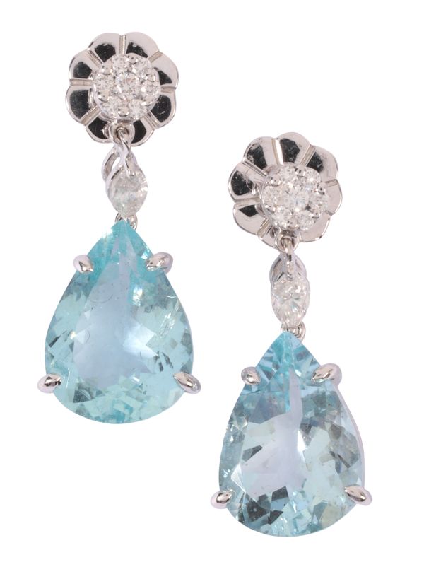 A PAIR OF AQUAMARINE AND DIAMOND DROP EARRINGS