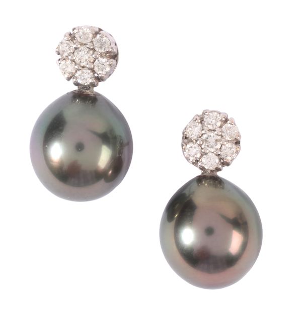 A PAIR OF BLACK PEARL AND DIAMOND STUD EARRINGS