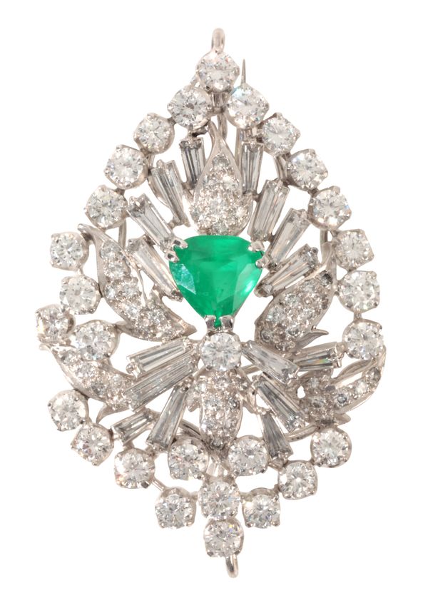 AN EMERALD AND DIAMOND BROOCH