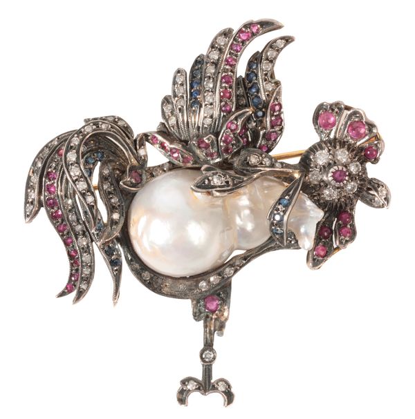 A GEM-SET COCKEREL BROOCH