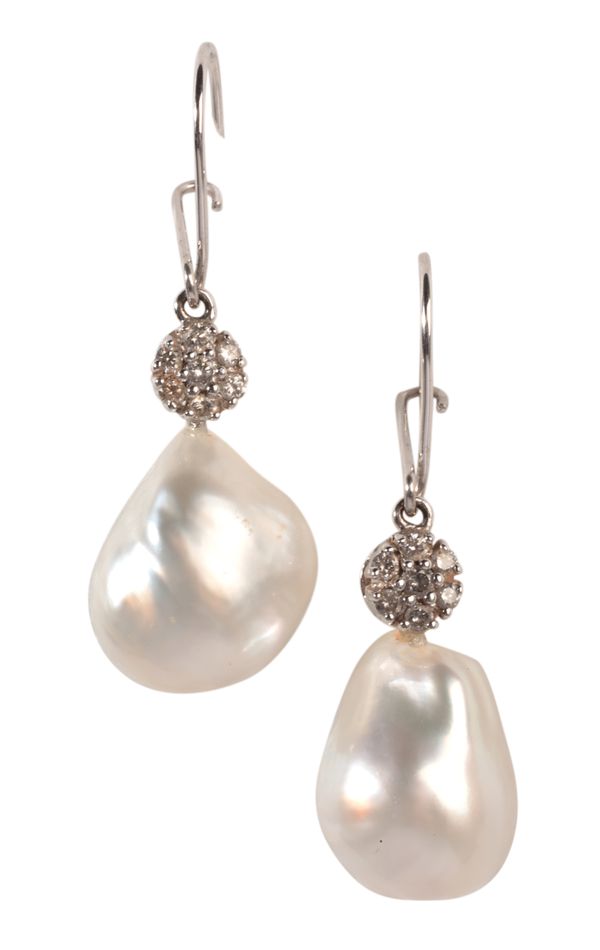 A PAIR OF PEARL AND DIAMOND DROP EARRINGS