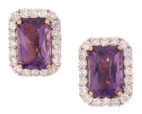 A PAIR OF AMETHYST AND DIAMOND CLUSTER STUD EARRINGS