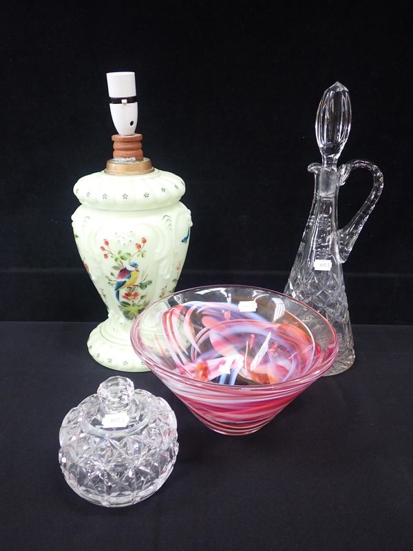 AN OPALINE GLASS OIL LAMP