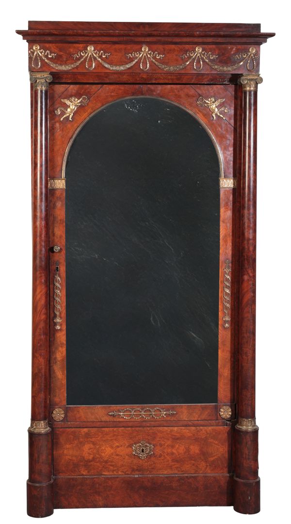 A FRENCH EMPIRE FIGURED MAHOGANY ARMOIRE