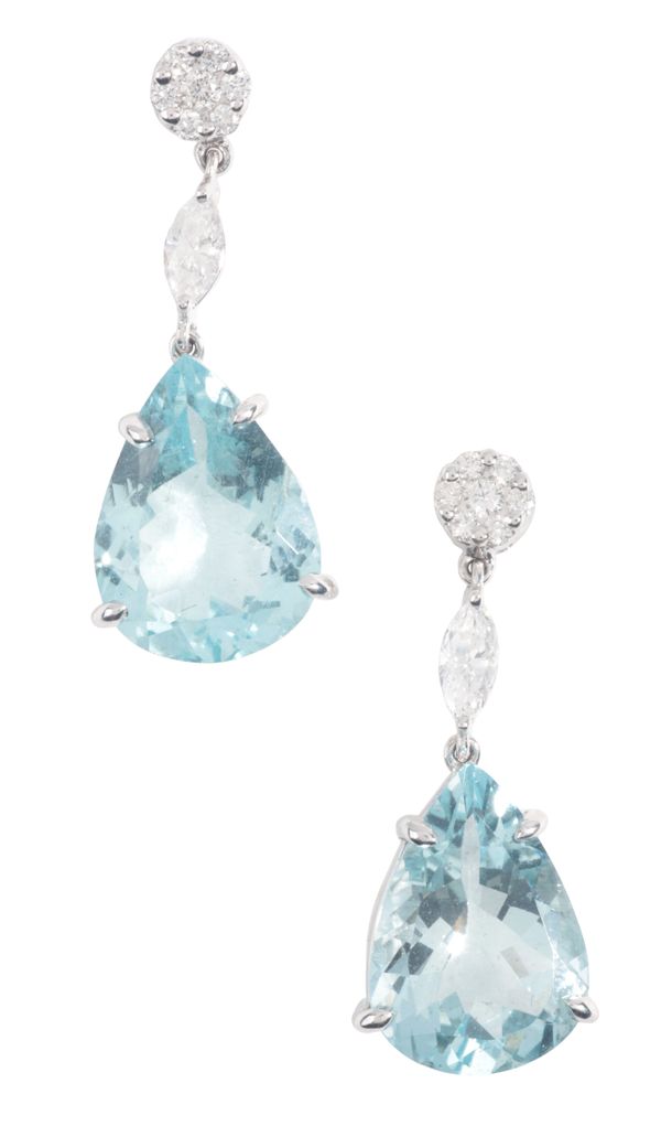 A PAIR OF AQUAMARINE AND DIAMOND DROP EARRINGS