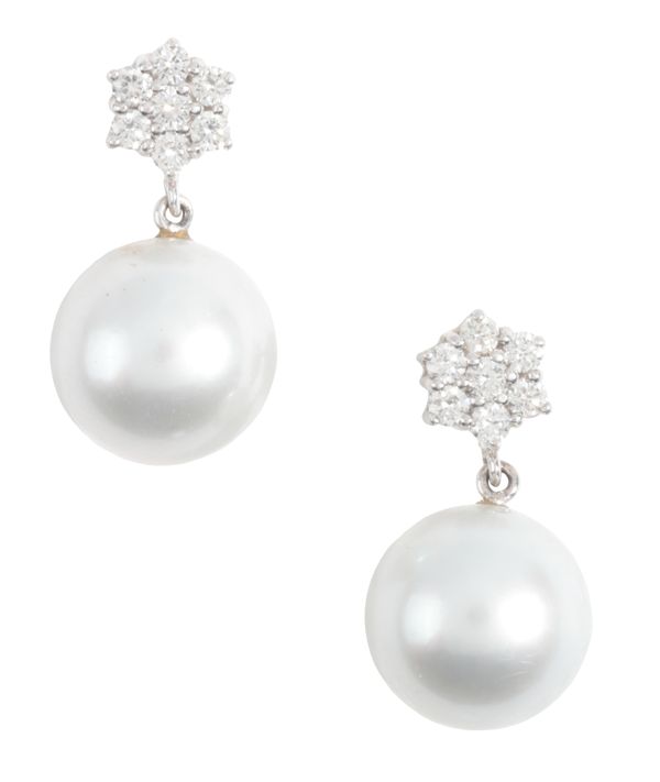 A PAIR OF PEARL OF SOUTH SEA PEARL AND DIAMOND EARRINGS