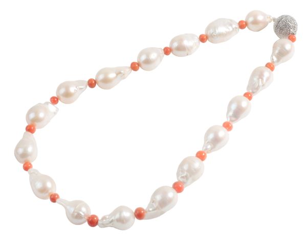 A FRESHWATER PEARL AND CORAL NECKLACE