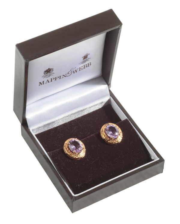 A PAIR OF AMETHYST STUD EARRINGS