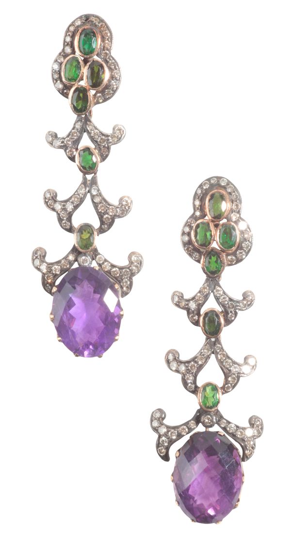 A PAIR OF ART NOUVEAU STYLE AMETHYST, GARNET AND DIAMOND DROP EARRINGS