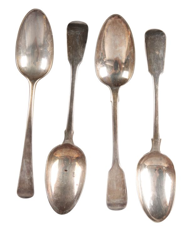 A GROUP OF FOUR GEORGE II AND LATER SILVER TABLE SPOONS