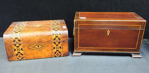 A MAHOGANY TEA CADDY WITH BOXWOOD STRINGING