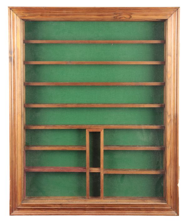 A STAINED PINE GLAZED WALL DISPLAY CABNET