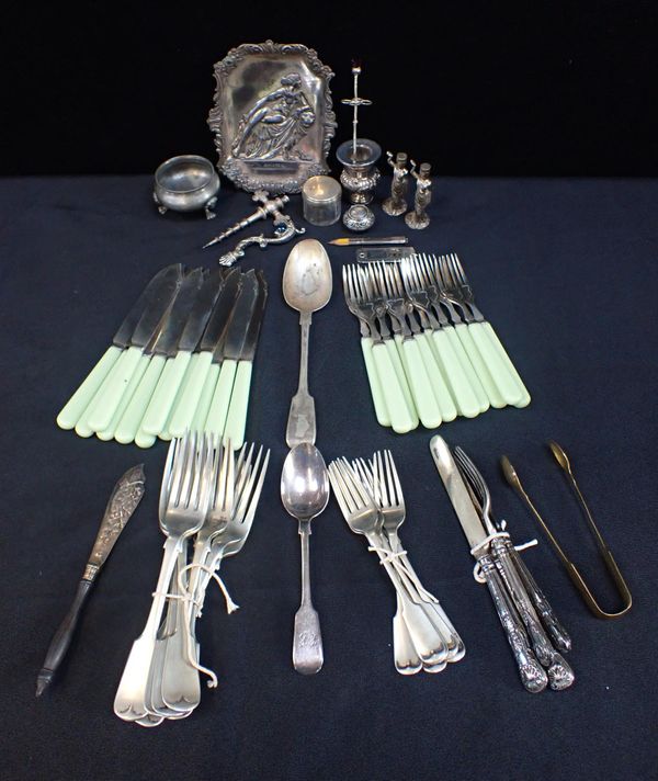 A COLLECTION OF CUTLERY WITH OTHER PLATES WARES