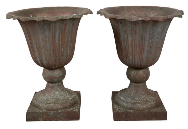 A PAIR OF CAST IRON GARDEN URNS