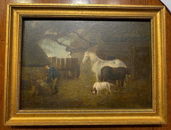 ENGLISH SCHOOL, 19TH CENTURY A groom, a horse, a pony and a dog in a stable yard