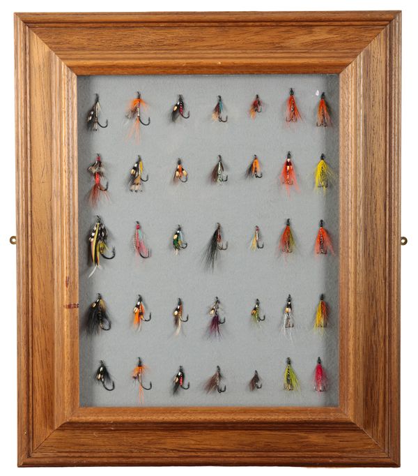 A PAIR OF FRAMED GLAZED DISPLAYS OF SALMON FLIES
