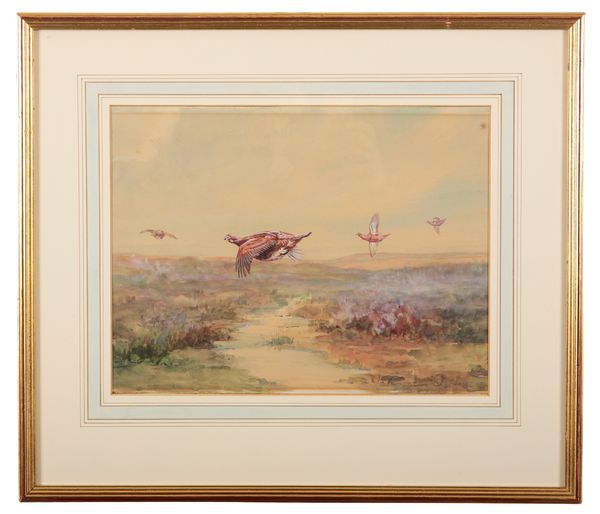 *DENIS ALDRIDGE (1898-1985) Flying red grouse in a landscape