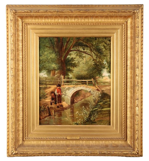 CHARLES HUNT (1829-1900) Landscape with two boys fishing