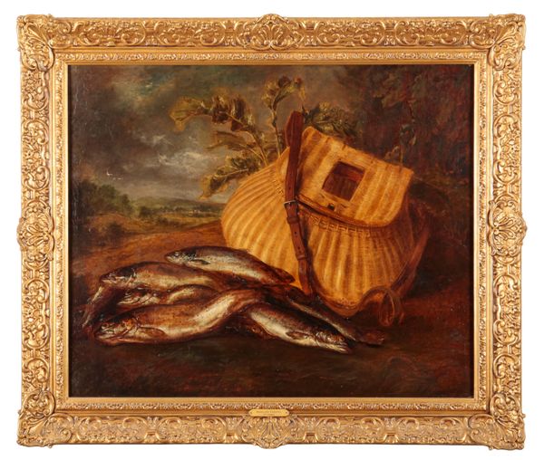 ENGLISH SCHOOL, 19TH CENTURY Caught fish and tackle basket in a landscape
