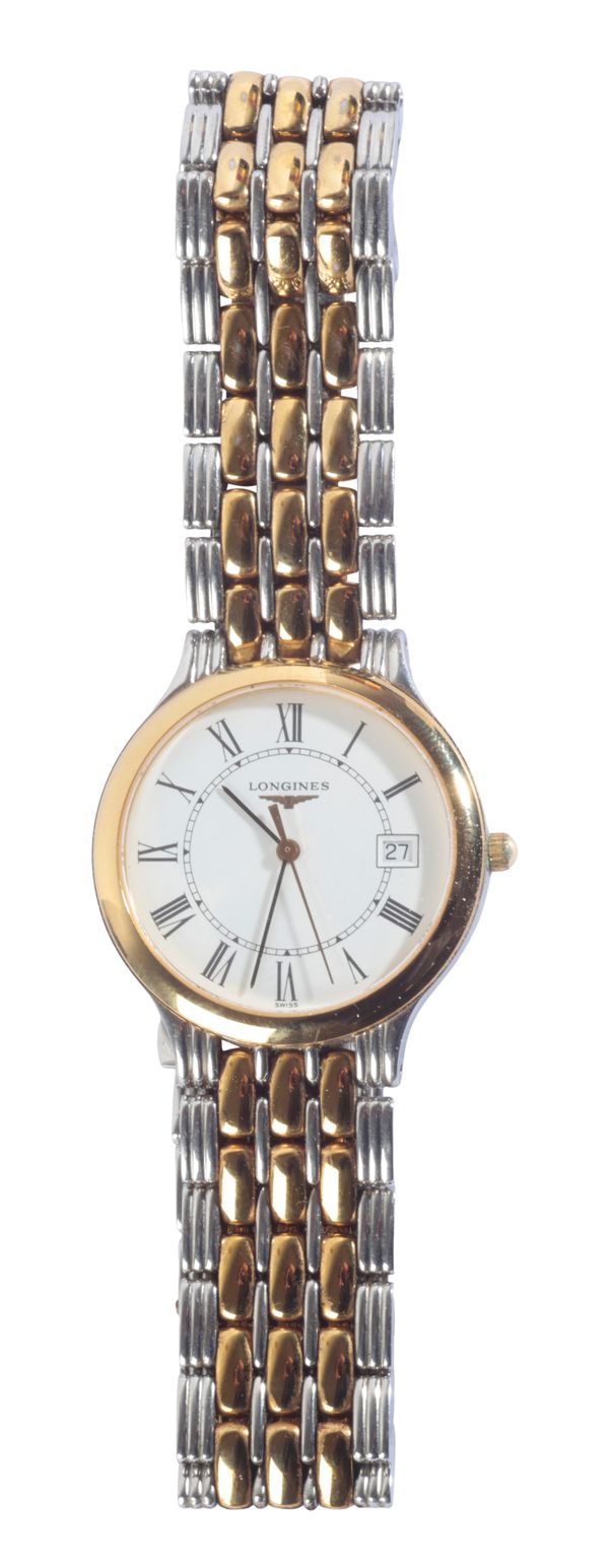 LONGINES: A GENTLEMAN'S STAINLESS STEEL AND GOLD-PLATED BRACELET WATCH