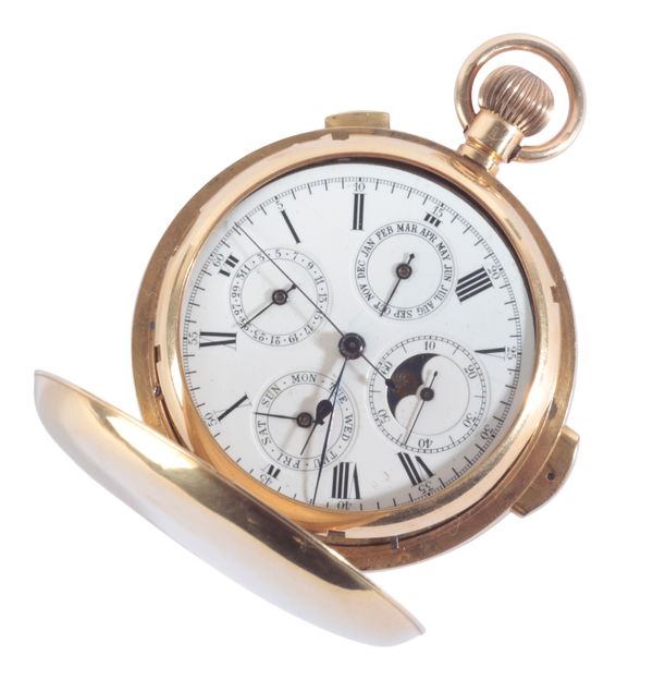 A GENTLEMAN'S 18CT GOLD FULL HUNTER REPEATING CALENDAR  POCKET WATCH