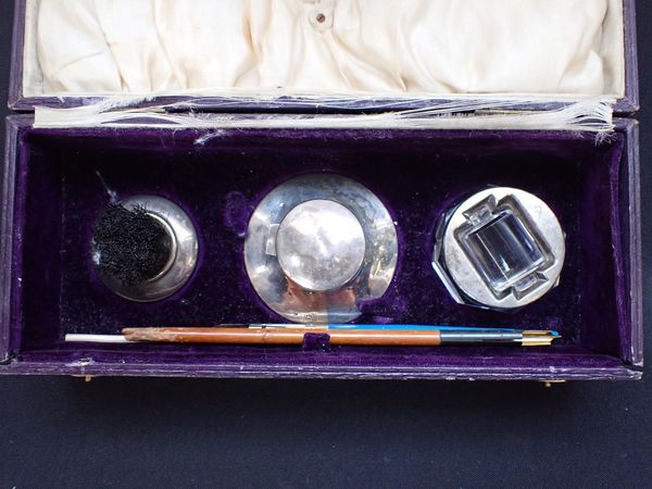 A SILVER INKWELL SET WITH BOX