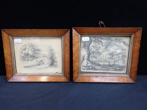 A PAIR OF PENCIL LANDSCAPE DRAWINGS IN MAPLE FRAMES