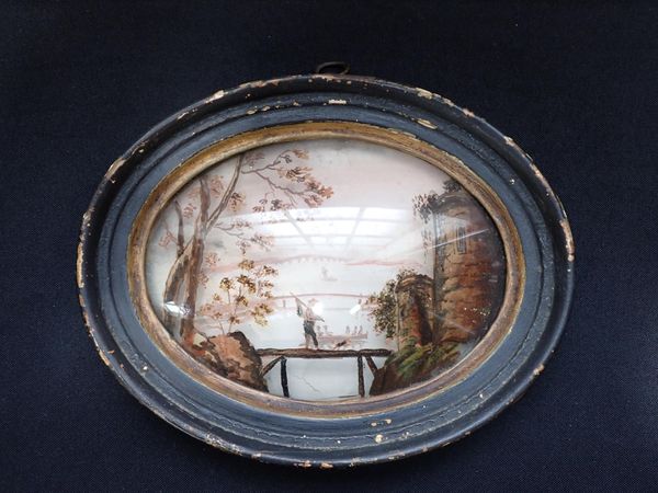 A SMALL 19TH CENTURY REVESE PAINTING ON GLASS