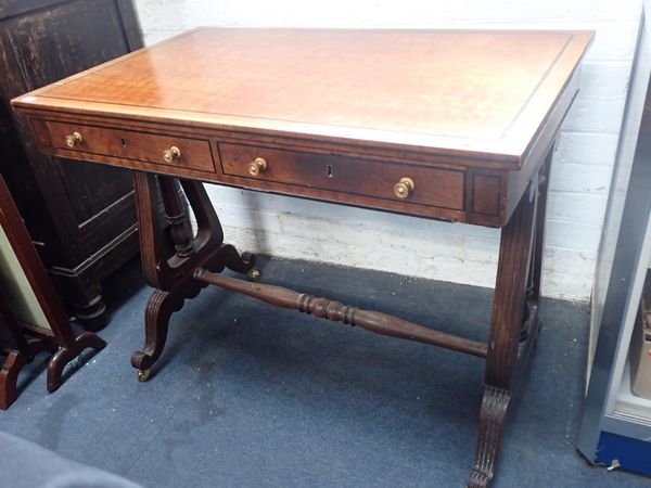 A 19th CENTURY MAHOGANY WRITING TABLE WITH LYRE SHAPED SUPPORTS