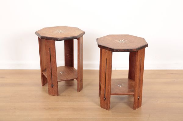 A PAIR OF HEXAGONAL OAK SIDE TABLES IN LIBERTY STYLE