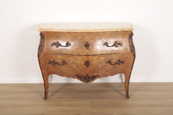 A LOUIS XV STYLE MARQUETRY INLAID BOMBE CHEST