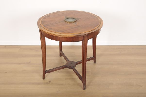 A SHIP'S '1ST CLASS WRITING ROOM' TABLE WITH INSET COMPASS FROM THE CUNARD LINER 'S.S. SCYTHIA'